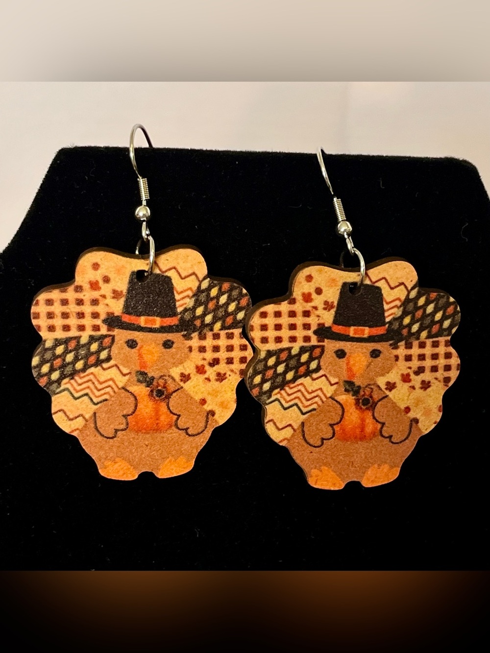 Handmade Fall Thanksgiving Turkey Dangle Earrings in Orange and Brown